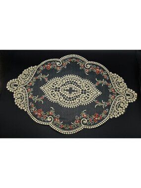 Vintage Lace Table Doily With Pink floral Embroidery & Scalloped Edges